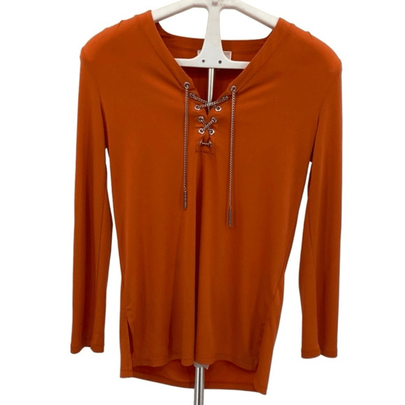 Michael Kors Orange Lace Up Side Slit High Low Hem Long Sleeve Top Blouse Small - Picture 1 of 14